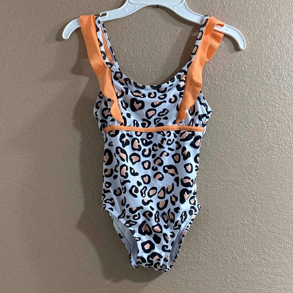 Girls Leopard Print One-Piece Swimsuit with Orange Accents Size L